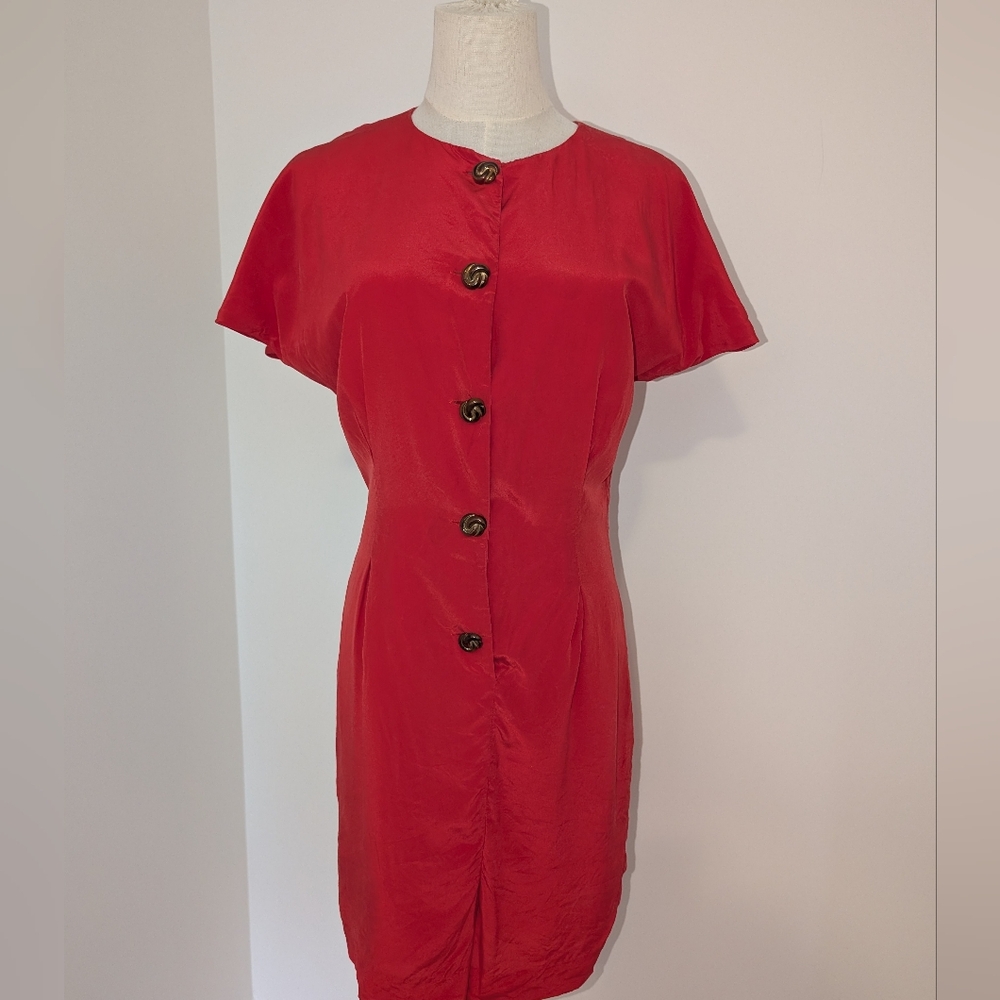 ALFRED SUNG Red Short Sleeve Button-Front Mini Dress